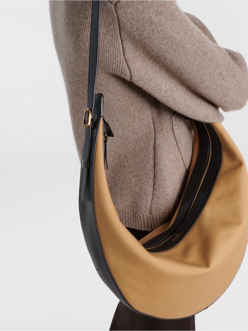 KHAITE Augustina Black Leather and Tan Canvas Crescent Hobo Tote Bag